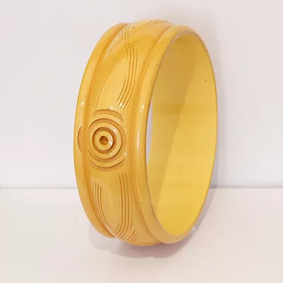 Vintage Deco Butterscotch Bakelite Bangle With Carved  Line Design. • $495