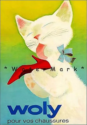 Woly French Fashion Shoes Vintage Poster Print White Cat Art Advertisement • $21.58