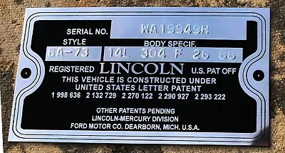 Lincoln Early Mid 1950s Data Car Plate VIN Identification 1952 1953 54 55 56 57 • $27.50