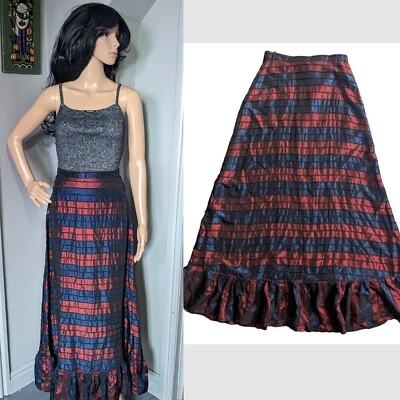 £26.99 • Buy Vintage 70s 60s Taffeta Stripe Red Stripe Ruffle Prairie Maxi Skirt Boho 8 36