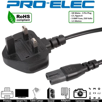 £4.89 • Buy C7 Figure 8 Power Cord UK 3 Pin Plug To Power Lead Fig 8 Power Cable Mains 2m