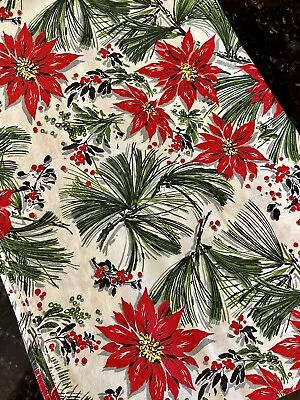 Vintage Cotton Christmas Tablecloth Holiday Poinsettia 68x52 Red Green Retro • $34.99