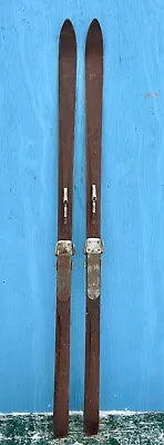 Antique Wooden Snow Skis Vintage Brown Finish 80 Inches Patina W/Metal Binding • $179.97