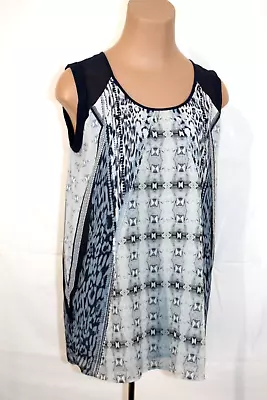 CABI Women's Blue Gray Print Sleeveless Poly Overlay Pullover Tunic Size-L • $12.99