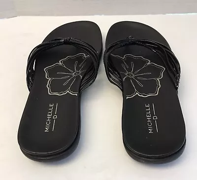 Michelle D Womens Sz 7.5MBlack Leather Strappy Thong Flat Sandals • $28