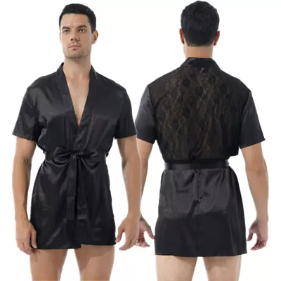 Men Satin Short Sleeve Bathrobe Kimono Robe Gown Dressing Sleepwear Loungewear • £5.51