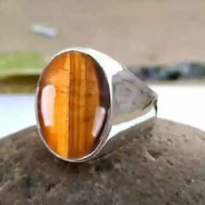 Solid 925 Sterling Silver Natural Tiger's Eye Oval Gemstone Huge Mens Boys Ring • $43.73