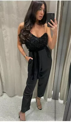 New Zara Black Combined Feather-effect Jumpsuit V Neck Size M  #1138m • $17.50