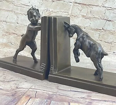 Vintage Bronze Pan Satyr Faun Playing With Goat Sculpture Bookends Book Ends Art • £597.42