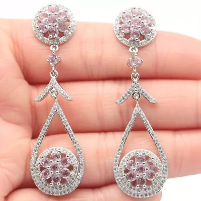 Awesome Long Big Heavy Pink Kunzite CZ Women Dating Silver Earrings  • $9.43