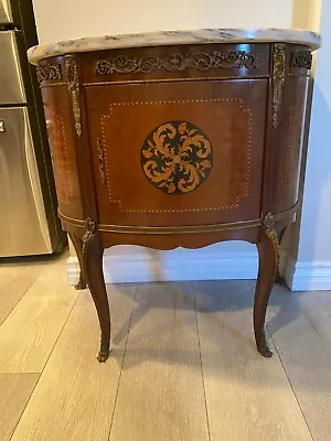 VTG Marble Top Inlaid Mahogany Half Round Console Cabinet 27 1/2  X 16  X 29  H • $999.99