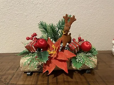 Vintage Christmas Yule Log Centerpiece With Flocked Reindeer 1970’s Taiwan • $12