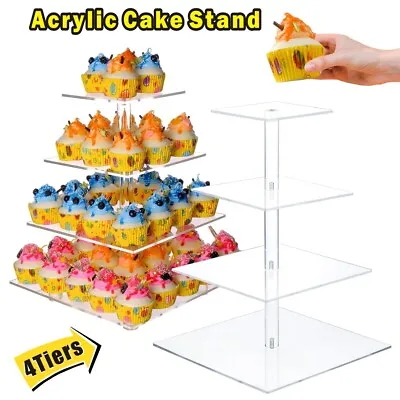 Clear Square Cupcake Stand Display Wedding & Party 4 Tier Cup Cake Holder Xmas • £13.99