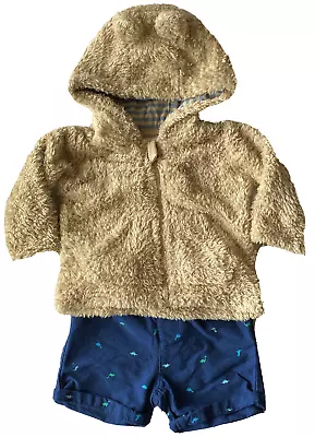 Furry Jacket Baby Boys Size 00 Beige Hood Zip Size 0 Dinosaur Shorts Navy New • $19.95