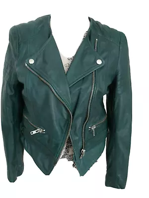 Amazing Muubaa Green Crop Leather Biker Jacket Size 10 Excellent Condition • $144.97