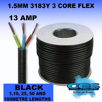 13amp Flexible Cable 3183y Black 1.5mm 3 Core Round Flex Electrical All Lengths • £0.99