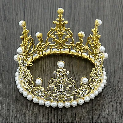 Mini Crown Cake Topper Pearl Crystal Wedding Party Pageant Prom 4.7  Wide 2.8  H • $10.49