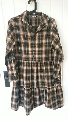 Flannel Shirt Dress Size 12 Checked Tartan Longsleeve Beige Brown • £5