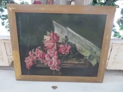 GORGEOUS Old Vintage ROSE OIL PAINTING Pink ROSES Lying Down Love Paper FRAMED • $150