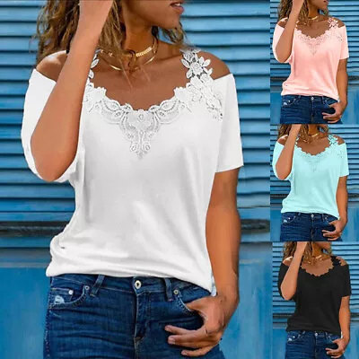 Ladies Blouse Cold Shoulder V Neck Summer T Shirts Loose Casual Tops Plus Size • £9.99