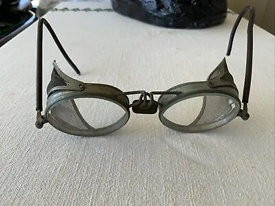 Vintage Compact Folding Metal & Glass Safety Goggles With Mesh Sides • $45