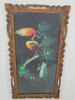 Vintage 1970s Boho Mexican Folk Art Feather Bird Painting Wood Hand Carved Frame • $58.99