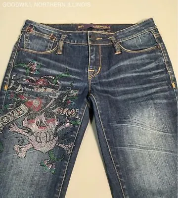 Women's Y2K 2000's Ed Hardy Pink Skull Denim Jeans Size 27 • $9.99