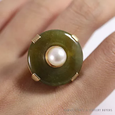 Ming's Hawaii Natural Green Jade Do-nut W/ Cultured Pearl 14k Yellow Gold Ring  • $900