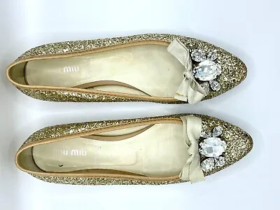 MIU MIU Gold Glitter Flat Shoes With Rhinestone Women's Size EU 36.5 GUC • $75