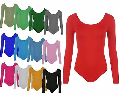 Womens Plain Round Neck Long Sleeve Slim Fit Stretchy Leotard Bodysuit Top  • £6.99