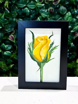 Rose Oil Painting- Original FRAMED Realism Yellow Flower Floral Art Sale Decor • £62