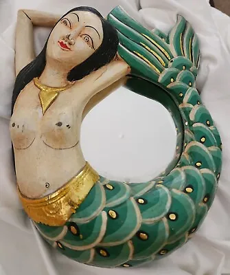 Balinese Mermaid Wall Hanging Mirror Composition & Wood Hand Painted Nautical  • $125