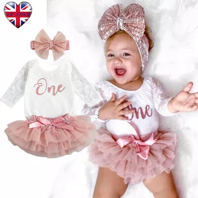 3PCS Baby Girls 1st Birthday Dress Outfits Toddler Clothes Romper Skirt Set • £11.69