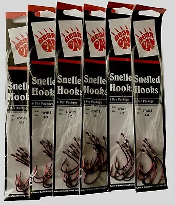 6-PACK (36 Snelled Hooks) Bear Paw RWBS 4/0 Red Kahle Wide Bend SHIPS FREE • $18.95