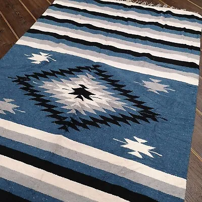 £26.99 • Buy Blue Grey Native Mexican Woven Stripy Falsa Yoga Beach/Picnic Blanket / Throw