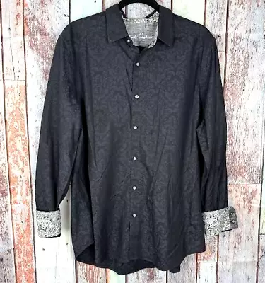 Robert Graham Shirt Mens L Black Paisley Jacquard Lace Flip Cuff Floral Button • $33