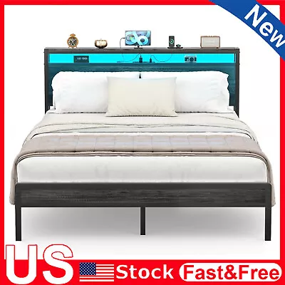 Full/Queen/King Size LED Bed Frame With Headboard Platform & Charging Station US • $169.19