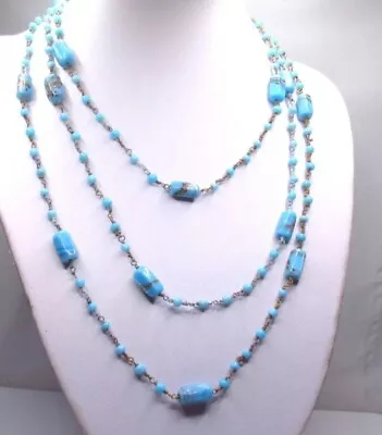 Vintage Venetian Glass Splatter Bead Necklace 26  Long  Gorgeous Blue • $47.99