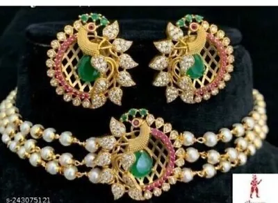 Indian Bollywood Bridal Set Gold Plated Jewelry Earrings Tika Ethnic AD Necklace • $17.99