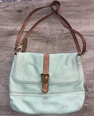 FOSSIL Mint Teal Green/Brown Leather Trim Crossbody Tote Bag Purse • $19.99