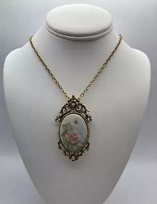 Vintage Porcelain Enamel Combination Brooch And Pendant 24  Gold Tone Chain • £39.42