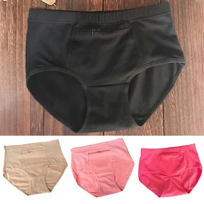 $5.16 • Buy Women Sexy Cotton High Waist Panties With Zipper Pocket Briefs Plus Size