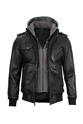 Quality Black Men's Jacket 100% Real Lambskin Leather With Removeable Hoodie • $130
