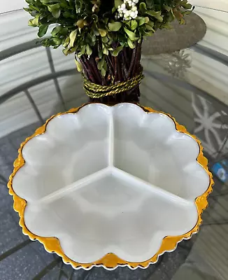 Vintage Fire King By Anchor Hocking Three Division Milk Glass Gold Trim Platter • $35