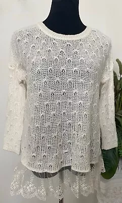 Cotton Emporium Ivory Knit 100% Lace Trim Sweater Top Size M EUC! MSRP $80 • £24.60