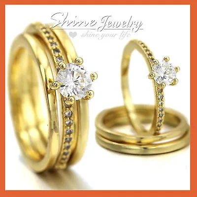 18k Gold Gf Plain Eternity Bands 1ct Solitaire Solid Engagement Wedding Ring Set • $15.99