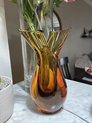 Vintage Amber Murano Sommerso Fish Tail Glass Art Vase Home Staging Decor • $39.87