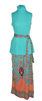 1960's Mr. Dino Turquoise Print Dress / Skirt W Matching Tunic  SM - MED • $95