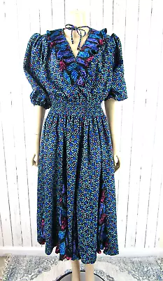 Vintage 80s Susan Freis Floral Ruffled Boho Blouson Dress Womens Size M Diane • $109.65