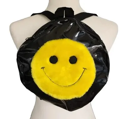 Vintage 90's Fuzzy Yellow Smiley Face Black Patent Backpack • $66